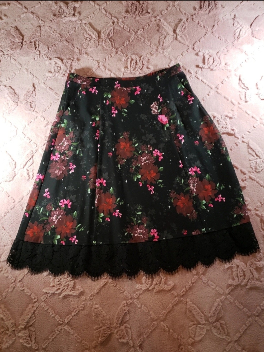 torrid Black Floral A-Line Skirt with Lace Hem